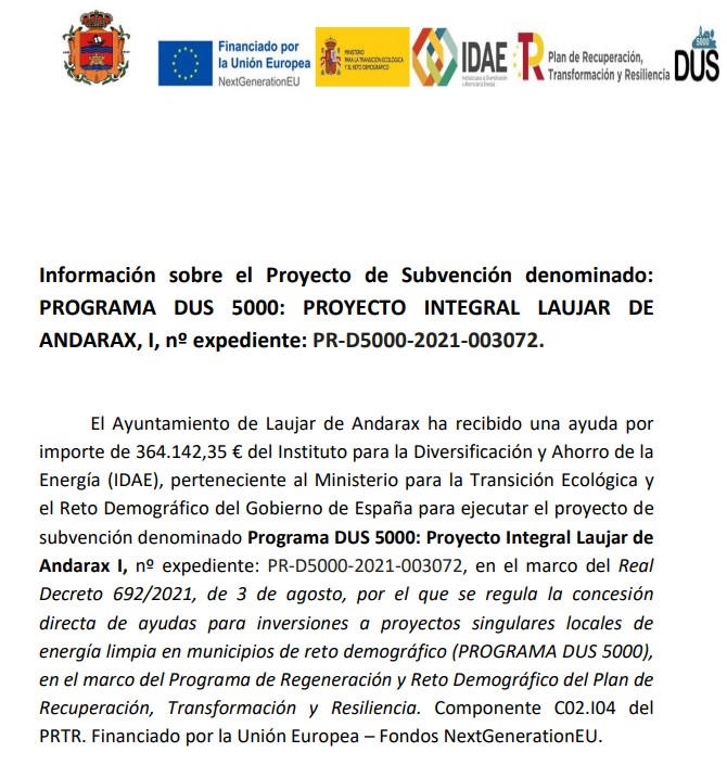 Información sobre el Proyecto de Subvención denominado: PROGRAMA DUS 5000: PROYECTO INTEGRAL LAUJAR DE ANDARAX, I, nº expediente: PR-D5000-2021-003072